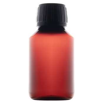 100 ml gintarinis PET butelis su juodu kamšteliu baltame fone