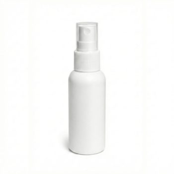 100 ml baltas HDPE plastikinis buteliukas su purkštuku ir skaidriu dangteliu kosmetikai, dezinfekcijai ar valymo priemonėms.