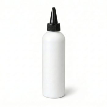 250 ml baltas hdpe plastiko butelis su tiksliu juodu dozavimo snapeliu.